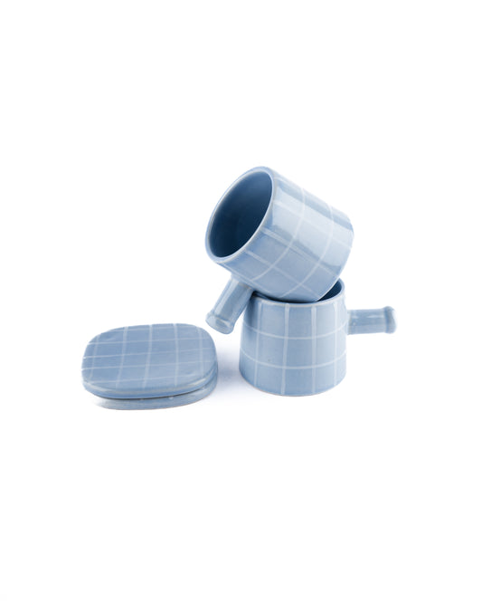 mug and coaster chequered in blue