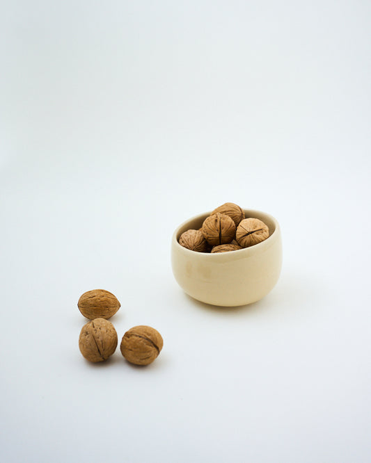 white ceramic bowl with walnuts